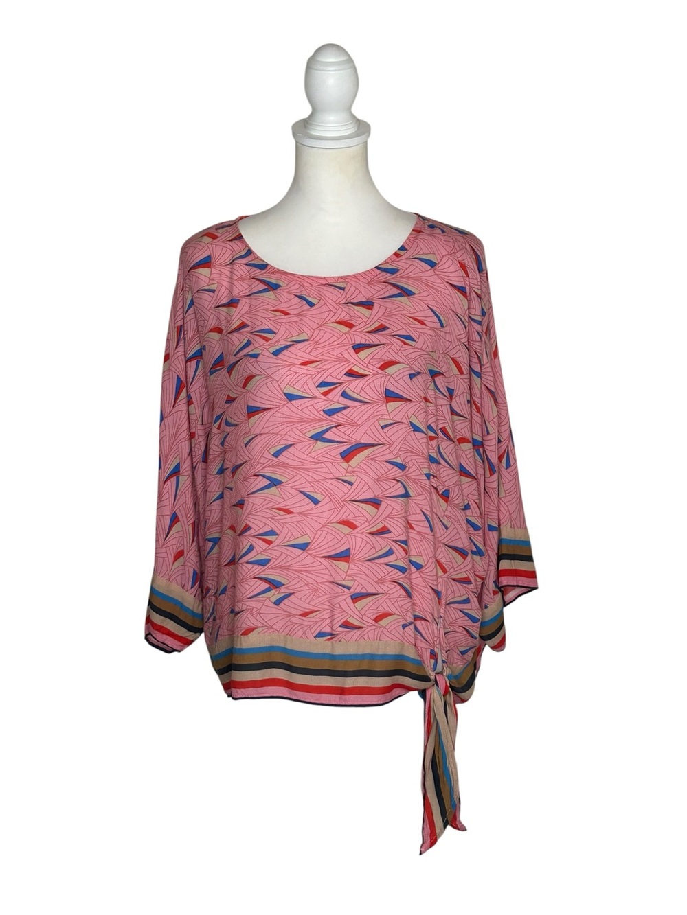 Vintage America EUC Geometric Print Pink Blouse Blue Cream Accents Sz XL Boho